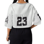 Maßgeschneidertes Logo, lässiges, atmungsaktives Crop-Shirt, lockerer Schnitt, V-Ausschnitt, Damen weißes Netzgewebe, Halbarm, 100 % Polyester, Street-Fashion-Top