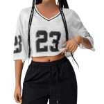 Maßgeschneidertes Logo, lässiges, atmungsaktives Crop-Shirt, lockerer Schnitt, V-Ausschnitt, Damen weißes Netzgewebe, Halbarm, 100 % Polyester, Street-Fashion-Top