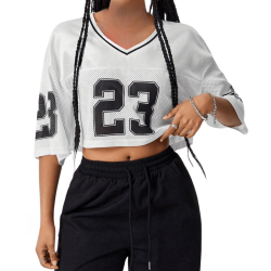 Maßgeschneidertes Logo, lässiges, atmungsaktives Crop-Shirt, lockerer Schnitt, V-Ausschnitt, Damen weißes Netzgewebe, Halbarm, 100 % Polyester, Street-Fashion-Top