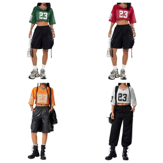 Maßgeschneidertes Logo, lässiges, atmungsaktives Crop-Shirt, lockerer Schnitt, V-Ausschnitt, Damen weißes Netzgewebe, Halbarm, 100 % Polyester, Street-Fashion-Top