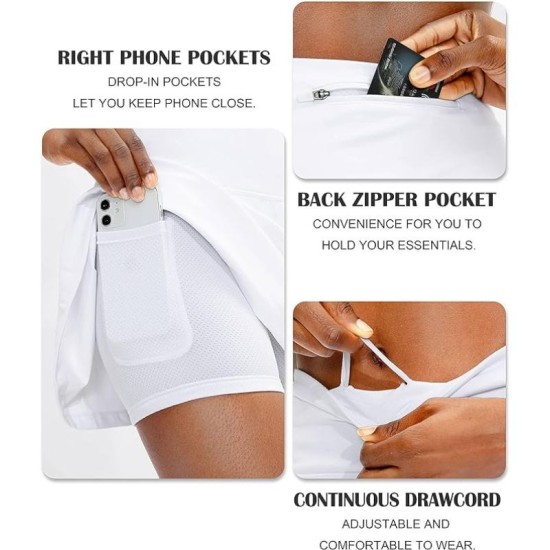 Maßgeschneidertes Logo, OEM/ODM, Damen hochgeschnittene Sportgolfshorts, Fitness-/Yoga-Röcke, mit Taschen, plissiert, Tennismode, Marke KM21