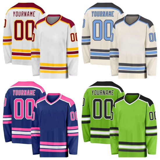 Sublimiertes, besticktes Langarm-Eishockeytrikot, individuell, unisex, 100 % Polyester, schnell trocknend, antibakteriell, umweltfreundlich Sublimiertes, besticktes Langarm-Eishockeytrikot, individuell, unisex, 100 % Polyester, schnell trocknend, antibakteriell, umweltfreundlich