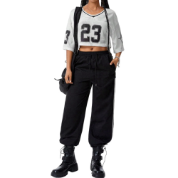 Maßgeschneidertes Logo, lässiges, atmungsaktives Crop-Shirt, lockerer Schnitt, V-Ausschnitt, Damen weißes Netzgewebe, Halbarm, 100 % Polyester, Street-Fashion-Top