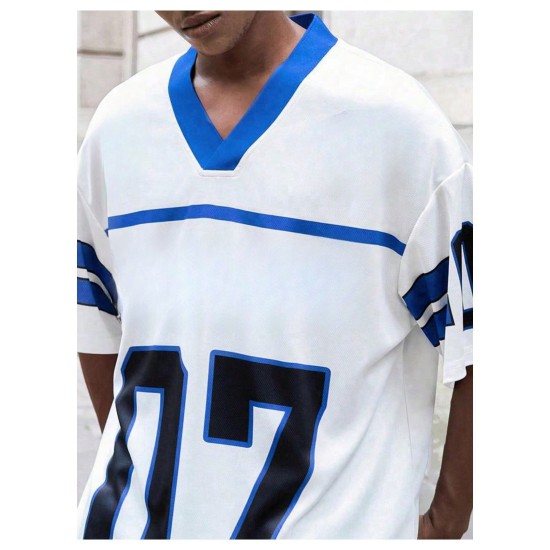 Maßgeschneidertes, weiter Schnitt, V-Ausschnitt, Kurzarm, Herren-Streetwear-T-Shirt, Buchstaben-Digitldruck, schnell trocknend, atmungsaktiv, 100 % Polyester