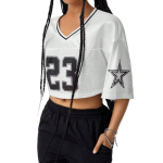 Maßgeschneidertes Logo, lässiges, atmungsaktives Crop-Shirt, lockerer Schnitt, V-Ausschnitt, Damen weißes Netzgewebe, Halbarm, 100 % Polyester, Street-Fashion-Top