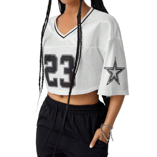 Maßgeschneidertes Logo, lässiges, atmungsaktives Crop-Shirt, lockerer Schnitt, V-Ausschnitt, Damen weißes Netzgewebe, Halbarm, 100 % Polyester, Street-Fashion-Top