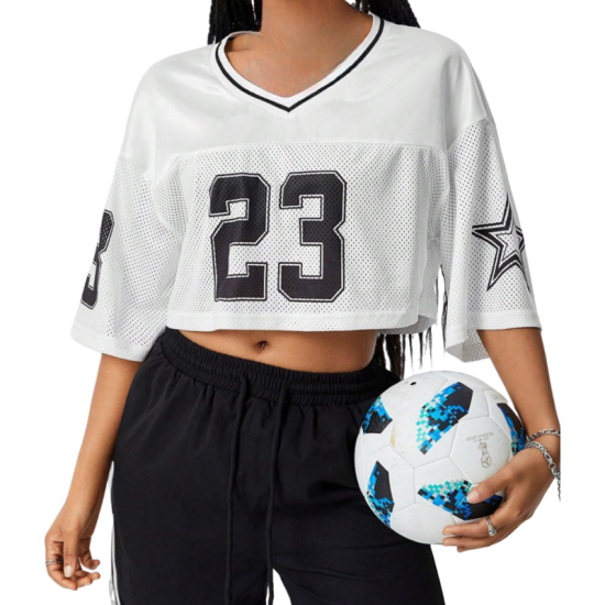 Maßgeschneidertes Logo, lässiges, atmungsaktives Crop-Shirt, lockerer Schnitt, V-Ausschnitt, Damen weißes Netzgewebe, Halbarm, 100 % Polyester, Street-Fashion-Top